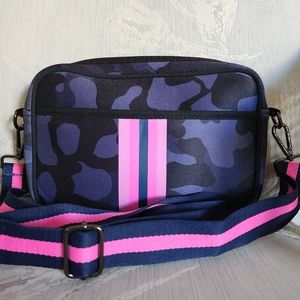 Neoprene Navy Blue Pink Camo Print Crossbody Handbag